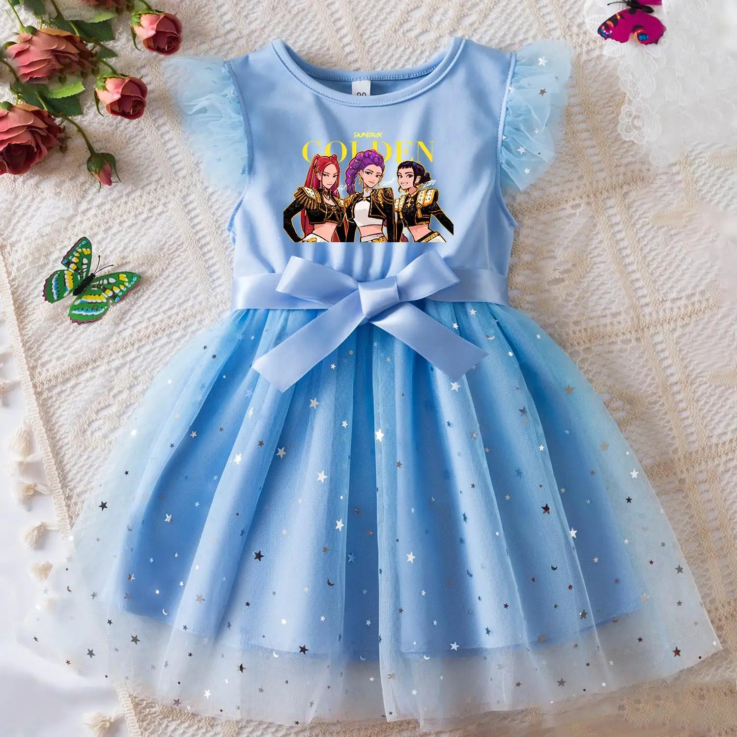 K-Pop Hunters Zoey Rumi Girls Sequin Tutu Dress with Bow Flutter Sleeves Summer Princess Party Outfit for Toddler Kids 2-6 Years