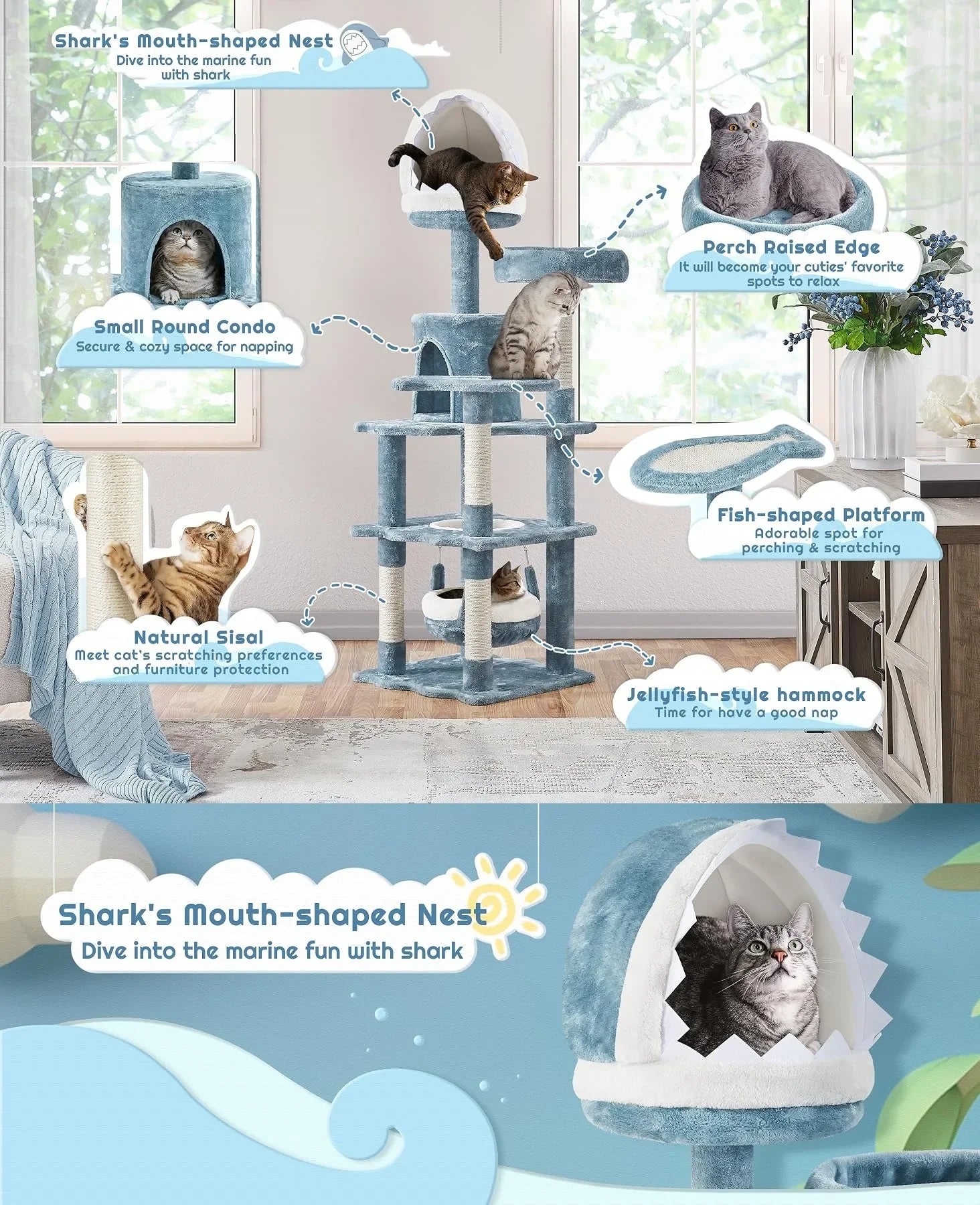 61in Ocean Cat Tree Tower with Shark Mouth Nest, Fish Platform, Sisal Posts, Plush Bed