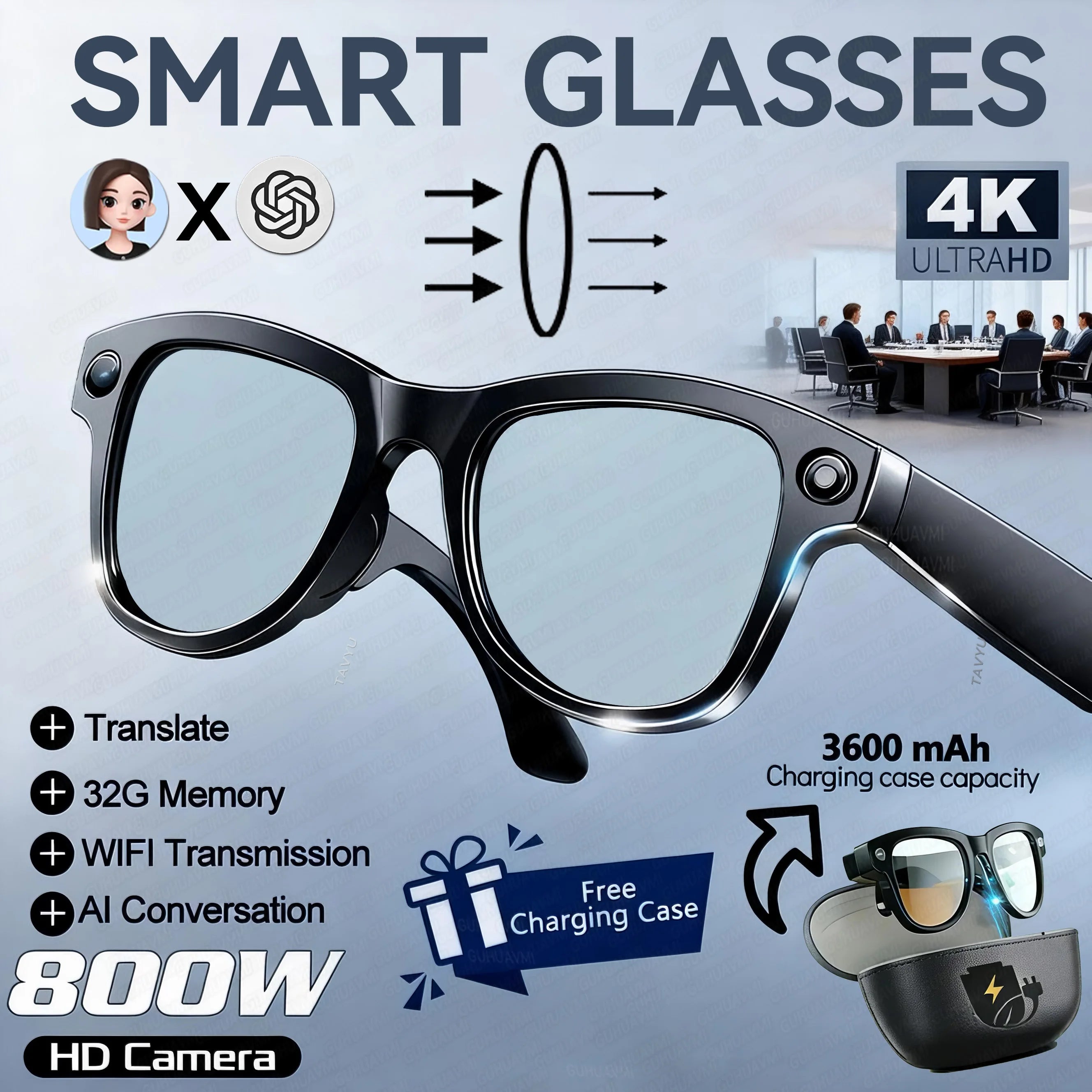 2026 Smart AI Glasses 4K 800W Camera 3600mAh Power Bank 32GB Memory 120+ Translation ChatGPT Music Photos &Video Sunglasses Men