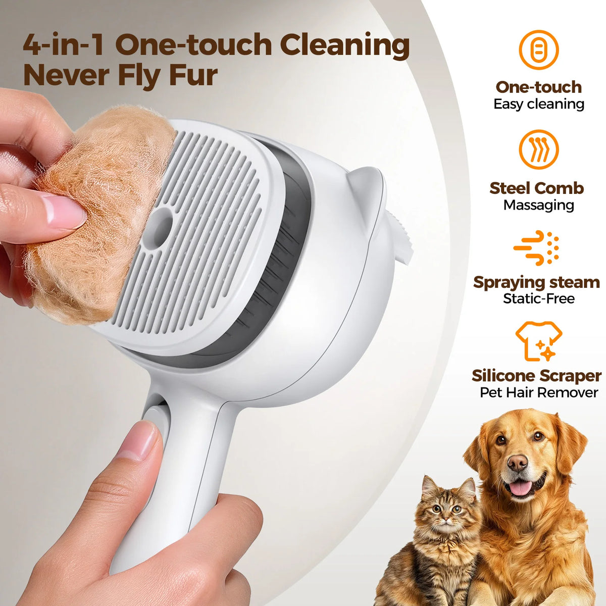 I YAN self-cleaning shedding steam cat brush with silicone scraper, USB rechargeable dog and cat grooming brush in white.