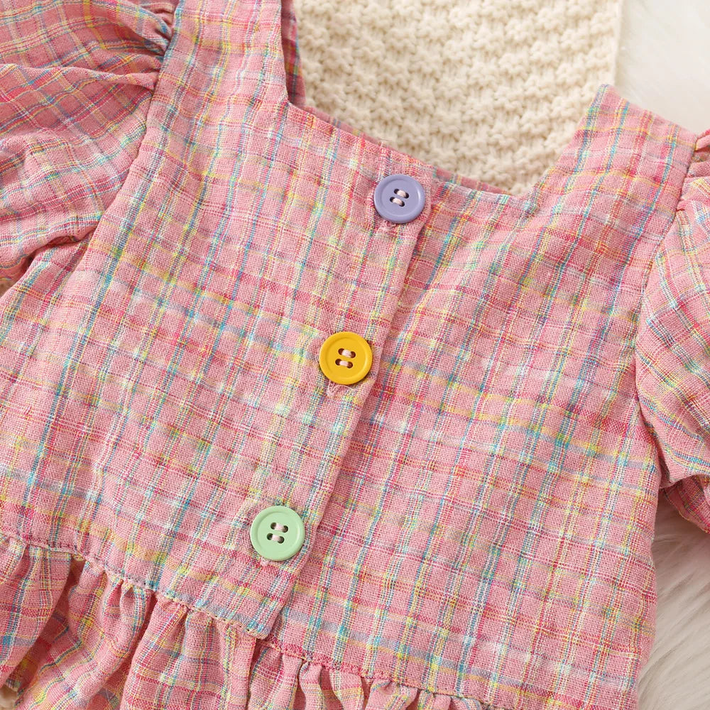 Cute baby girl summer set with plaid cotton bubble sleeve top and matching shorts in princess style, by I YAN.