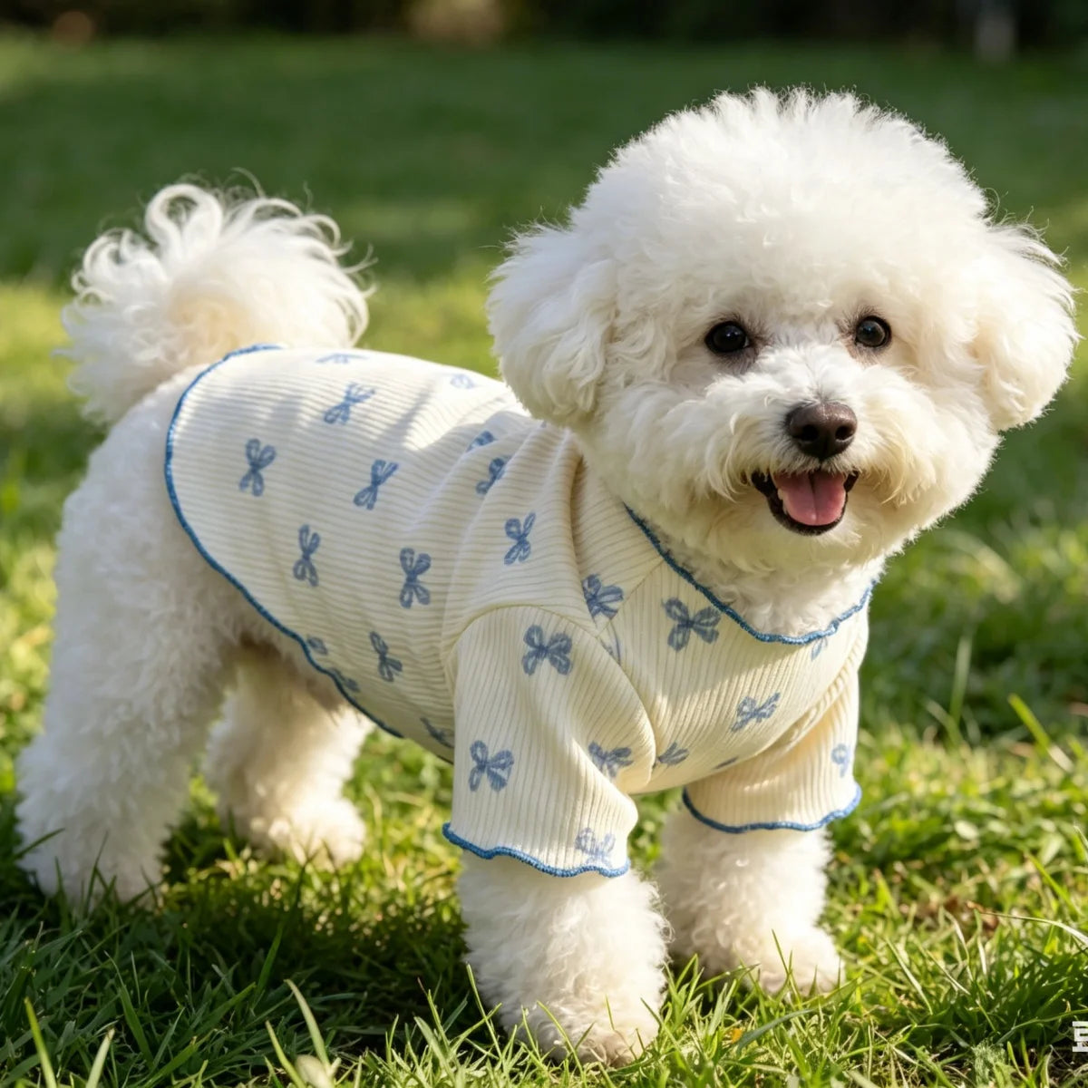 I YAN pet knit sweater with allover print and pink bow tie, breathable and comfortable clothing for dogs or cats.