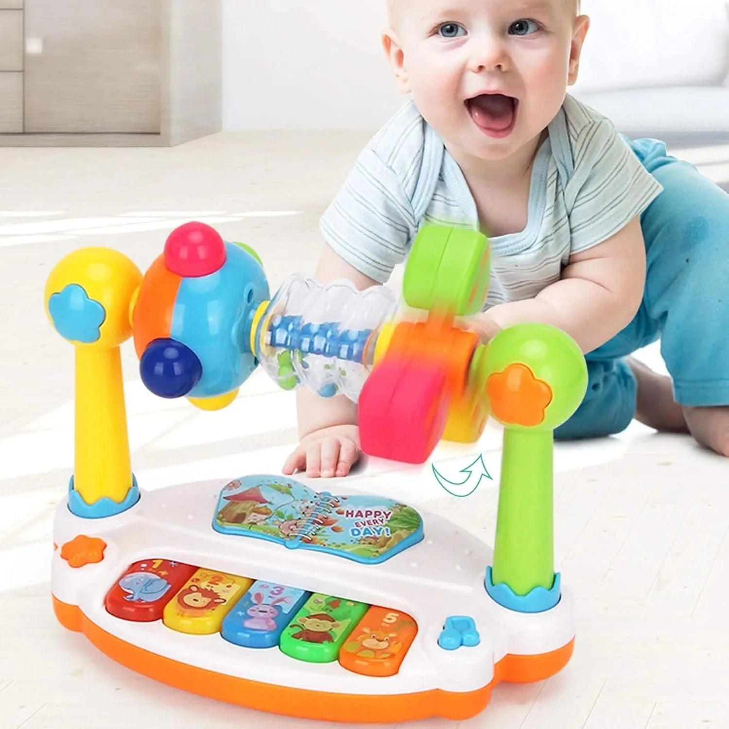 I YAN baby piano toy with rotating musical keyboard, colorful lights, and sound features for toddlers aged 4 to 6.