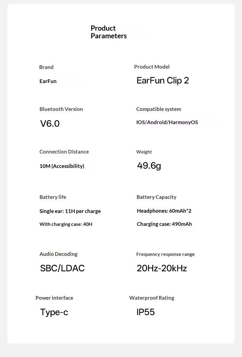EarFun Clip 2 Open Ear Sport Bluetooth Earphones Hi-Res Sound AI Translation IP55 Waterproof Long Battery Life for Outdoor