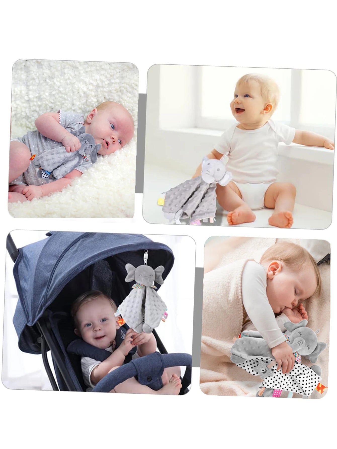 Soft elephant baby comforter blanket with plush toy rattle, designed to soothe and comfort toddlers during sleep.