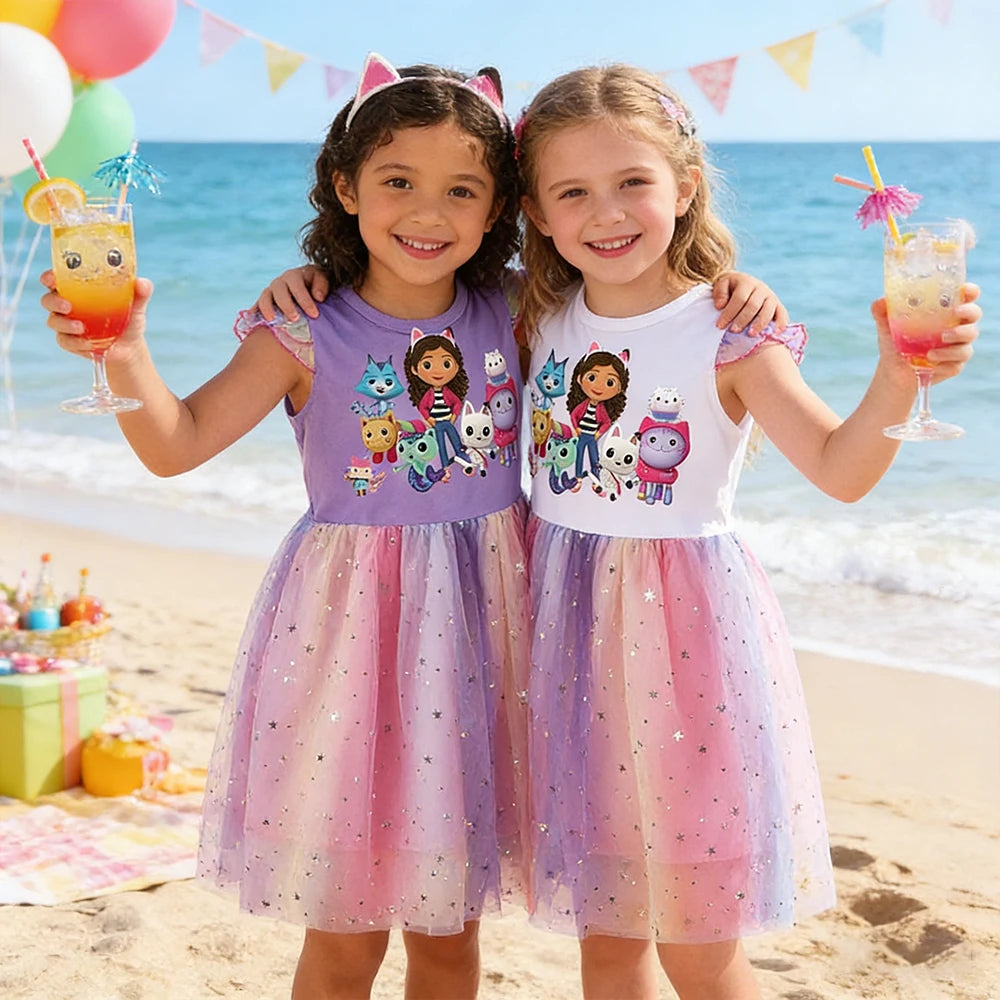 Summer Girls Daily Dresses Fly-sleeve Mesh Star Princess Dress Children's Cartoon Gaby Cosplay Costume+Headband Birthday Gift