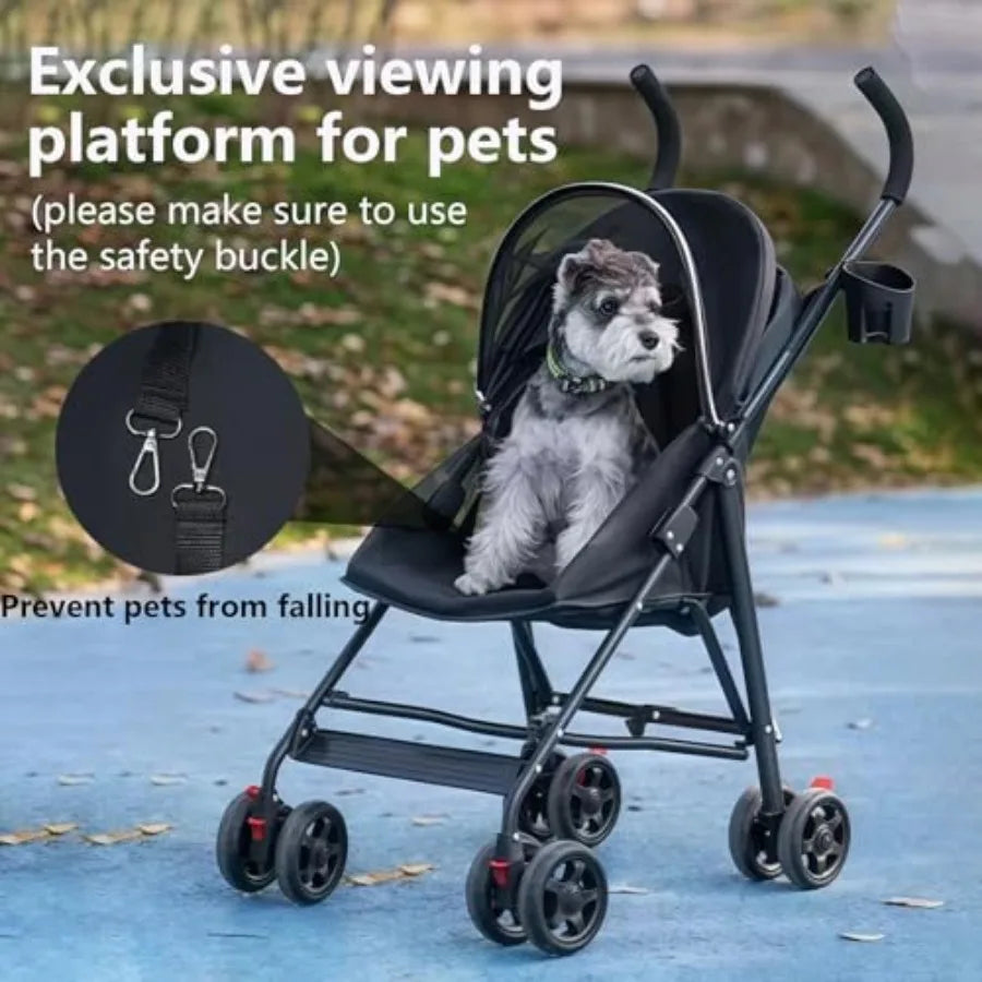 Lightweight I YAN pet stroller with mesh ventilation, foldable design, and cup holder, shown with open mesh sides for pet comfort.