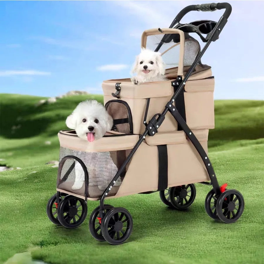 Foldable I YAN double pet stroller with lockable wheels, featuring two carriages for small cats and dogs, ideal for travel.