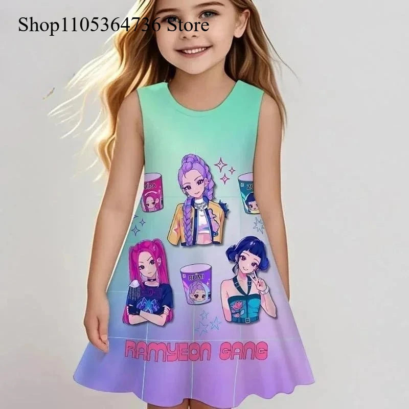 Kpop "Demon Hunter" Spring/Summer Sleeveless Dress - Cute and Playful Beach and Outdoor Children's Dress for Girls, Fashionable