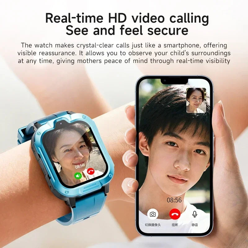Kids smart watch by I YAN with GPS, camera, voice monitor, and 4G connectivity, featuring video calls and SOS functions.