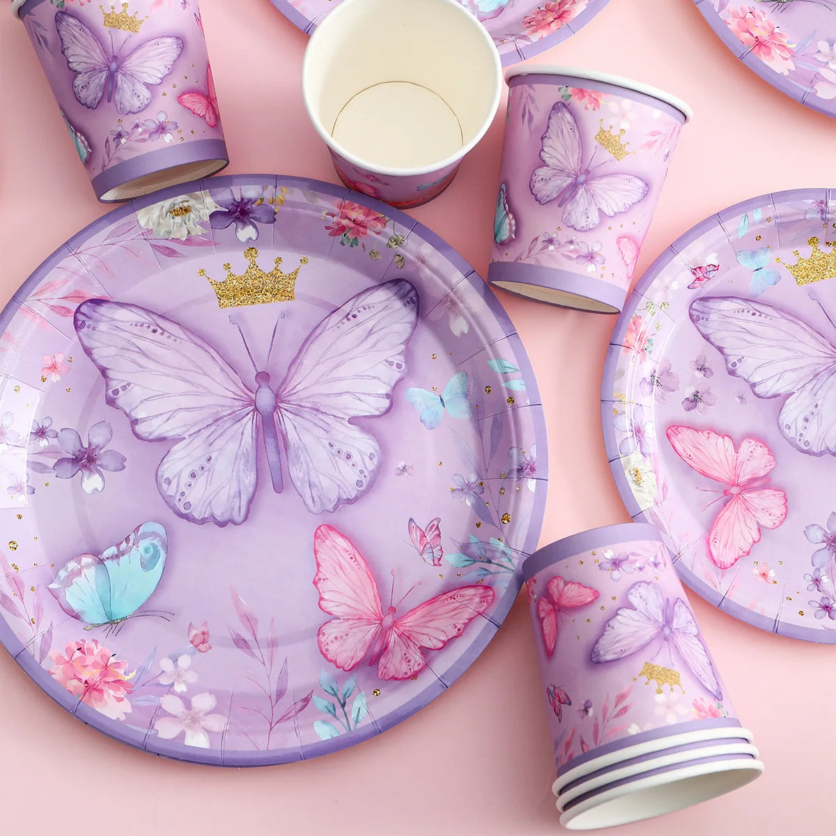 Butterfly Birthday Party Decoration Kids Girls Butterfly Party Disposable Tableware Paper Cup Plate Birthday Baby Shower Party - I YAN