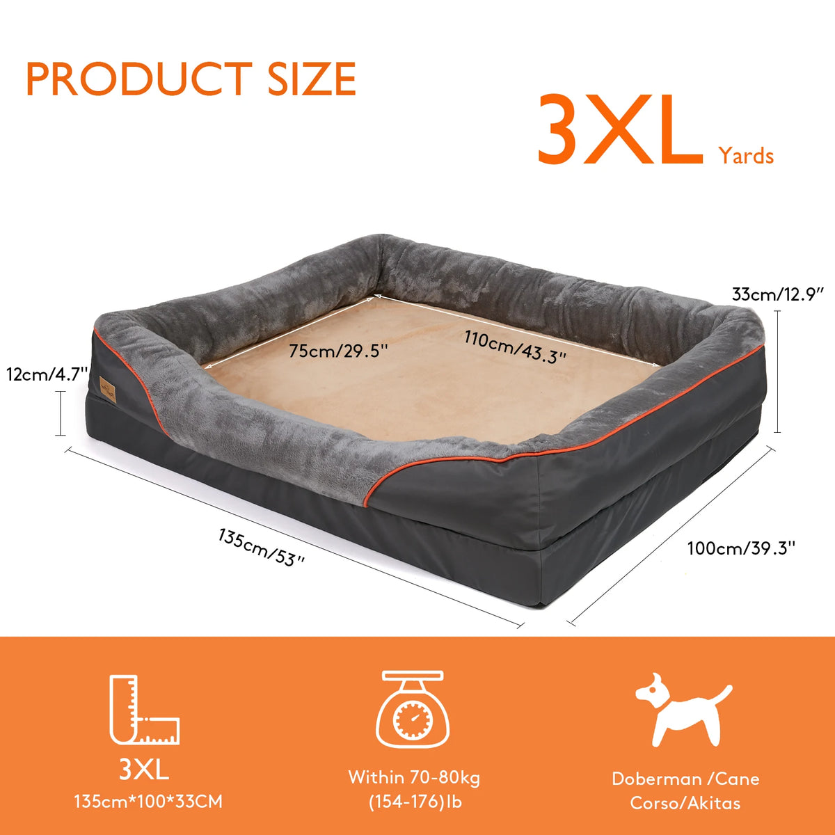 I YAN orthopedic dog bed in large size with soft foam, cotton-padded bolster, removable cover, perfect for comfortable pet sleep.