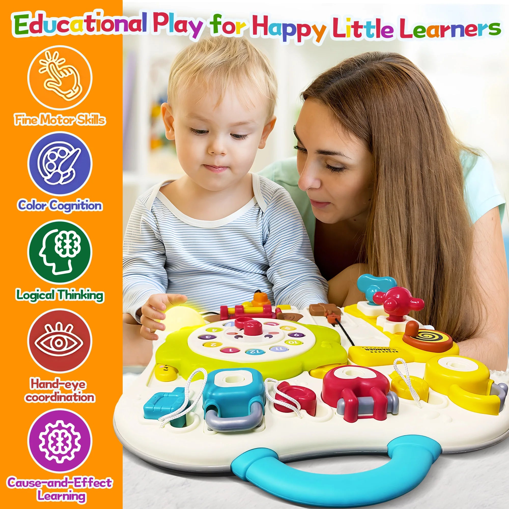 Montessori busy board sensory toy for toddlers, featuring music and LED lights, designed for children aged 1-3 by I YAN.