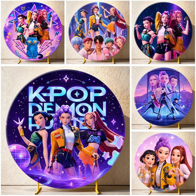 Kpop Demon Hunters Round Backdrop Cover Circle Fabric Cover Birthday Party Photo Booth Background Banner Kids Photo Props Supply