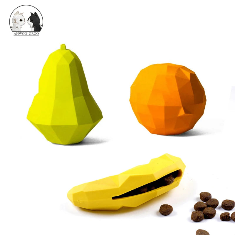 Rubber dog ball chew dispenser with squeaker, designed for dogs and puppies to play, clean teeth, and dispense treats.