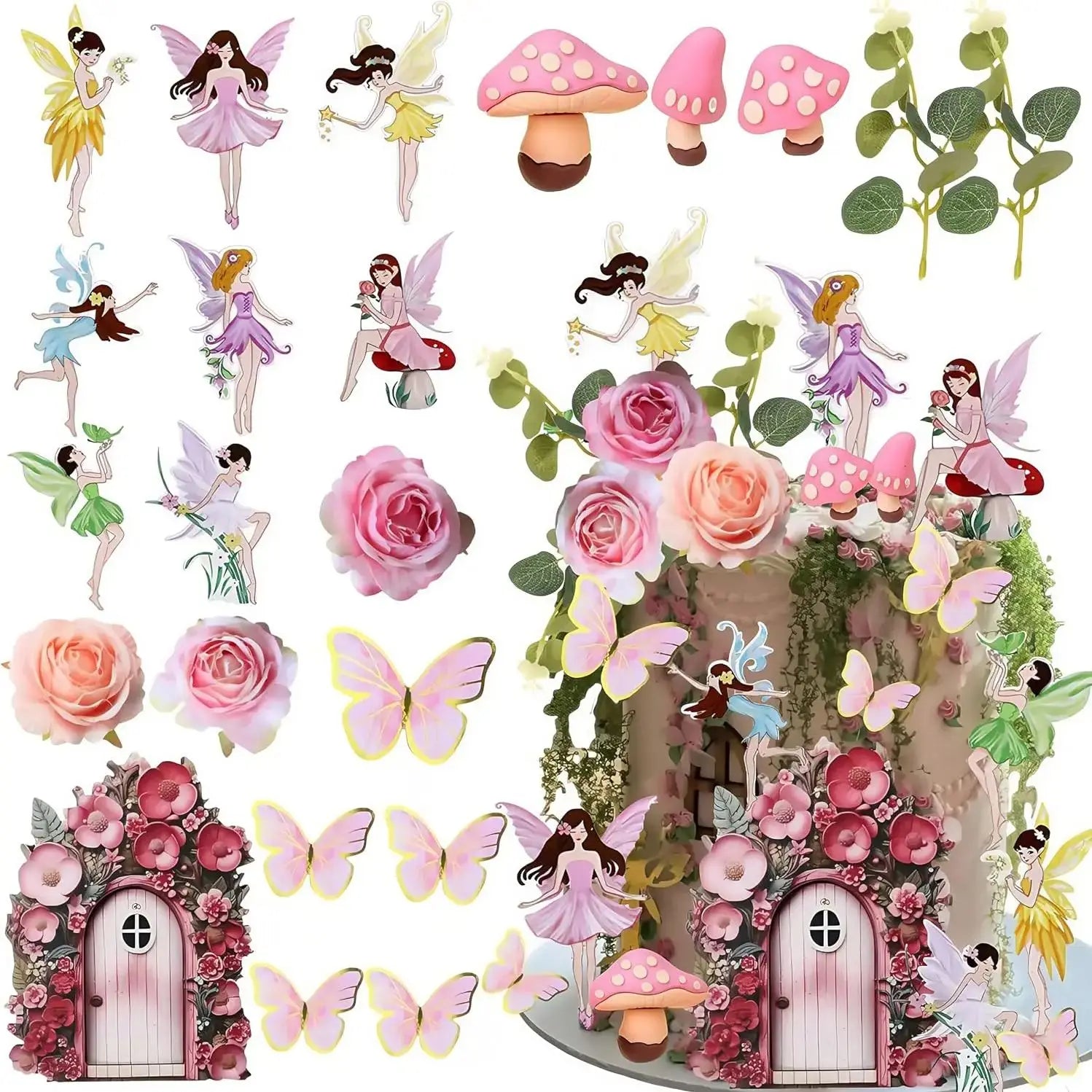 Fairy Cake Toppers Mushroom House Cake Decor Butterfly Cake Decor Fairy Garden Topper Fairy Party Supplies Flower Cupcake Topper