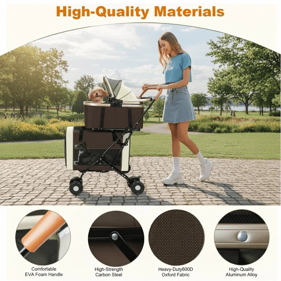 I YAN dual 4-in-1 pet stroller with four wheels, foldable design, brown color, suitable for medium dogs and cats up to 50lbs