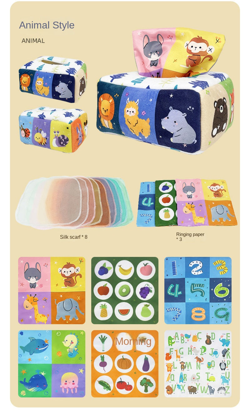Baby Montessori Magic Tissue Box by I YAN, sensory learning toy for fine motor skills with colorful tissue slots and engaging design.