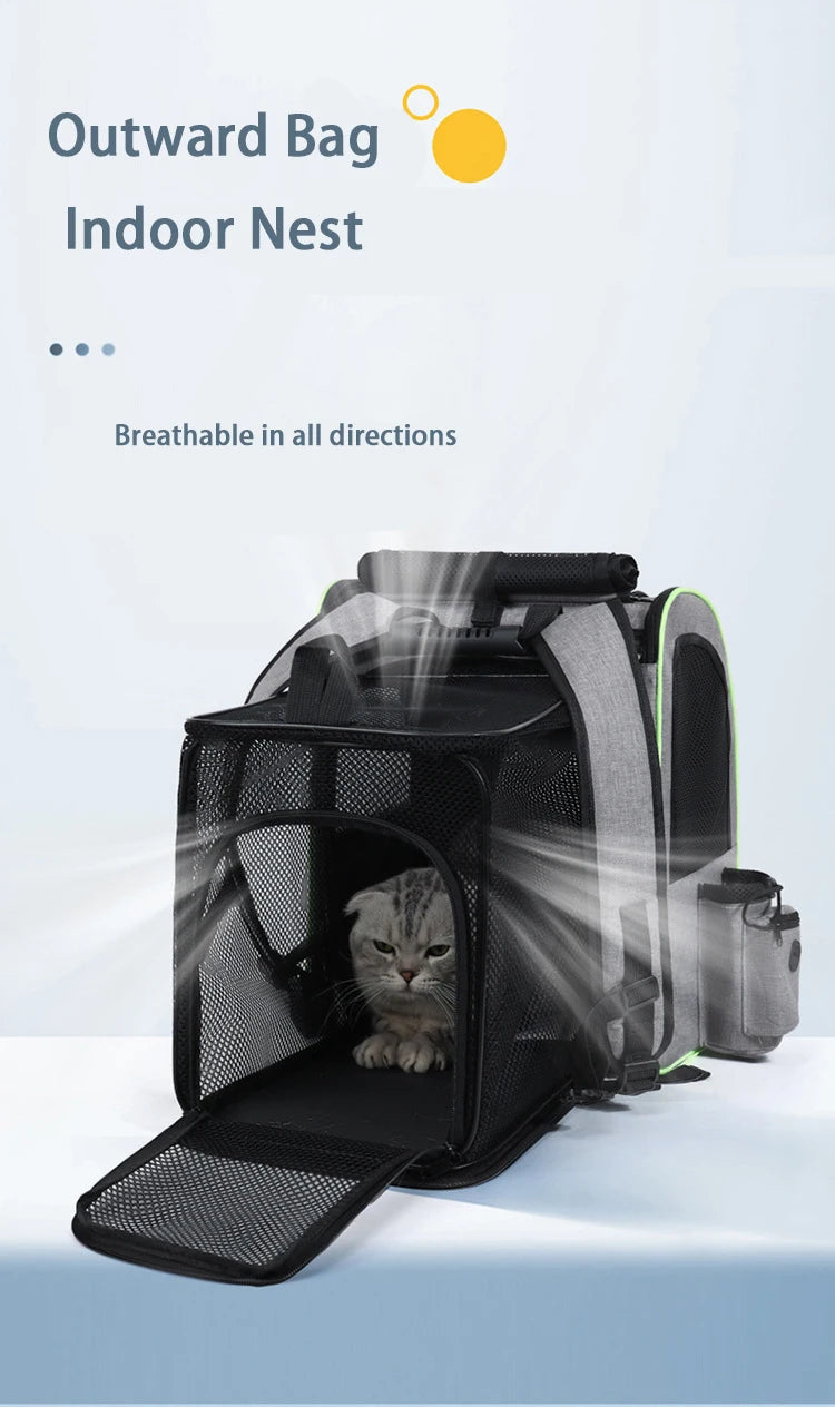 Expandable I YAN cat carrier backpack with shade cover and breathable mesh for travel with cats and small dogs.