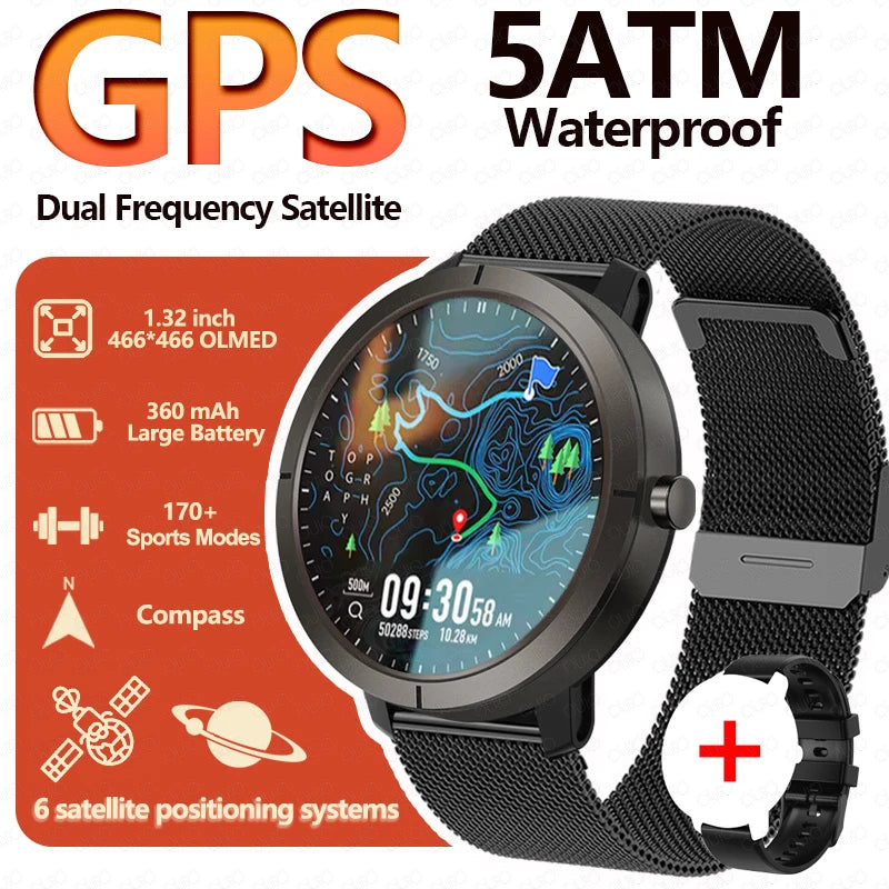 New GPS Positioning Smart Watch 1.32AMOLED 5ATM Waterproof Women Men Health Bluetooth Call 360mAh Compass 170+Sports Mode SmartWatch