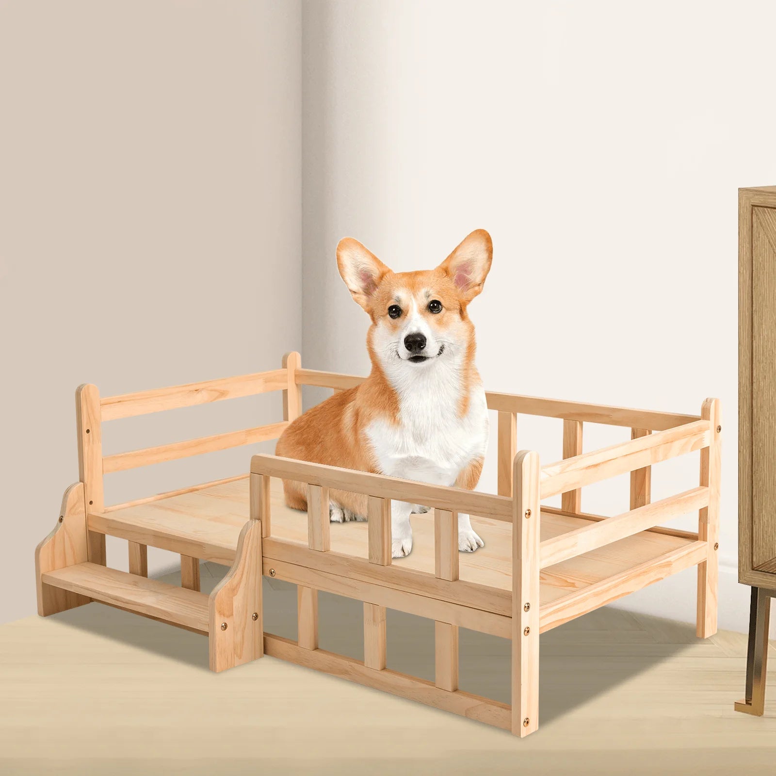 Aohuada Solid Pine Wood Elevated Pet Bed With Rails & Stairs, 66LBS Load Raised Dog Cat Bed, Breathable Indoor Raised Pet Frame With Anti-Slip Pads For Large Pets