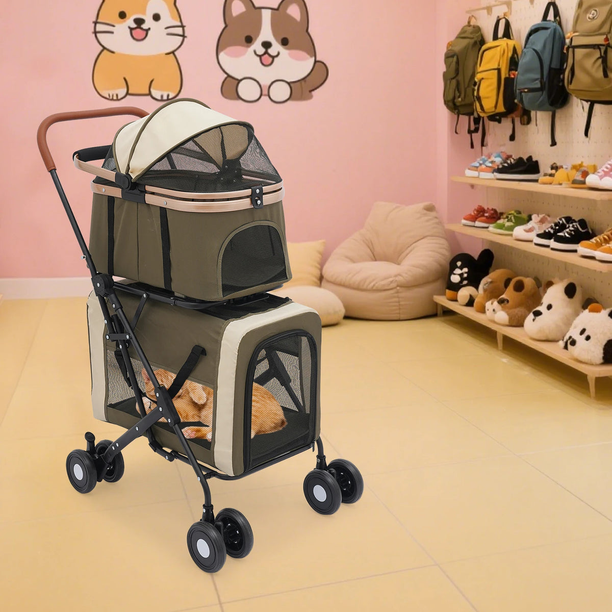 Foldable I YAN pet stroller for small and medium pets with sunshade, cushions, safety locks, and 2-tier design for travel.