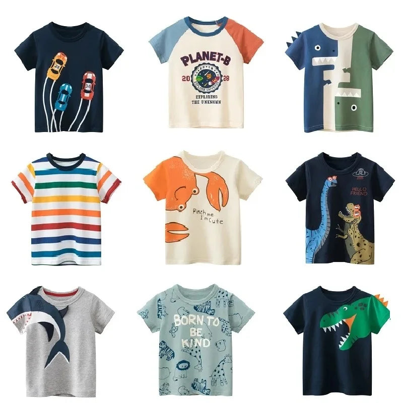 Children's short sleeve cotton T-shirts by I YAN, featuring colorful cartoon designs for boys aged 2-9 years.