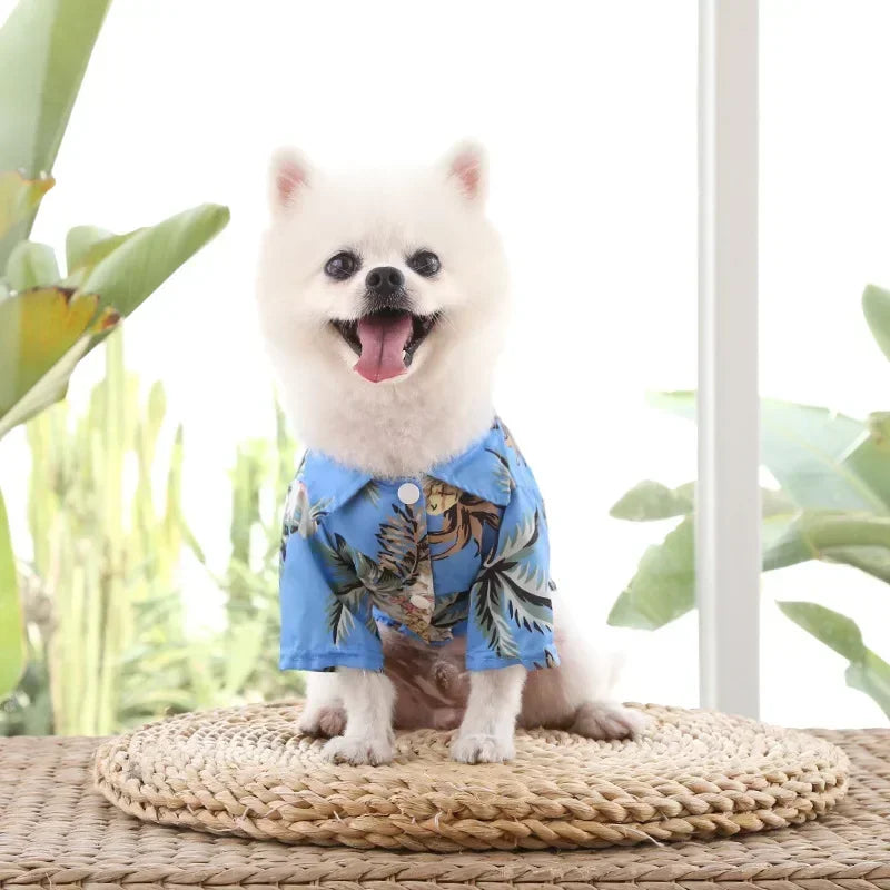 I YAN Hawaiian style summer dog shirt for small and medium dogs, featuring a sand beach design for puppies, pugs, and French Bulldogs.