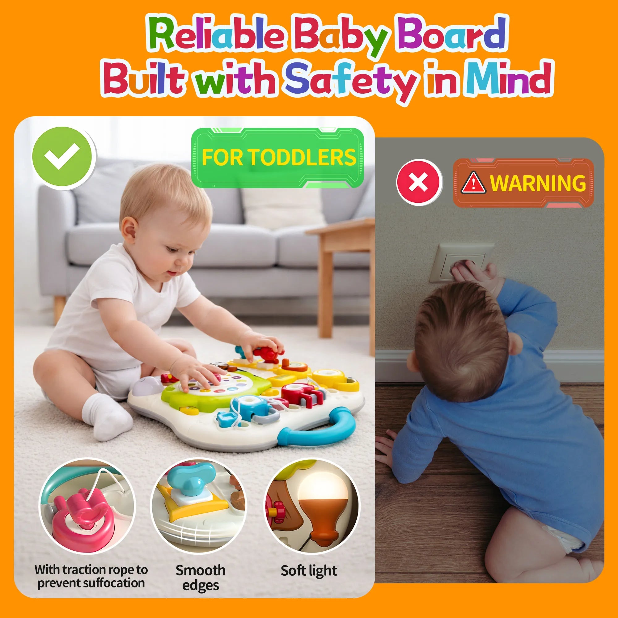 Montessori busy board sensory toy for toddlers with music, LED lights, and various activity features for 2+ year old boys and girls