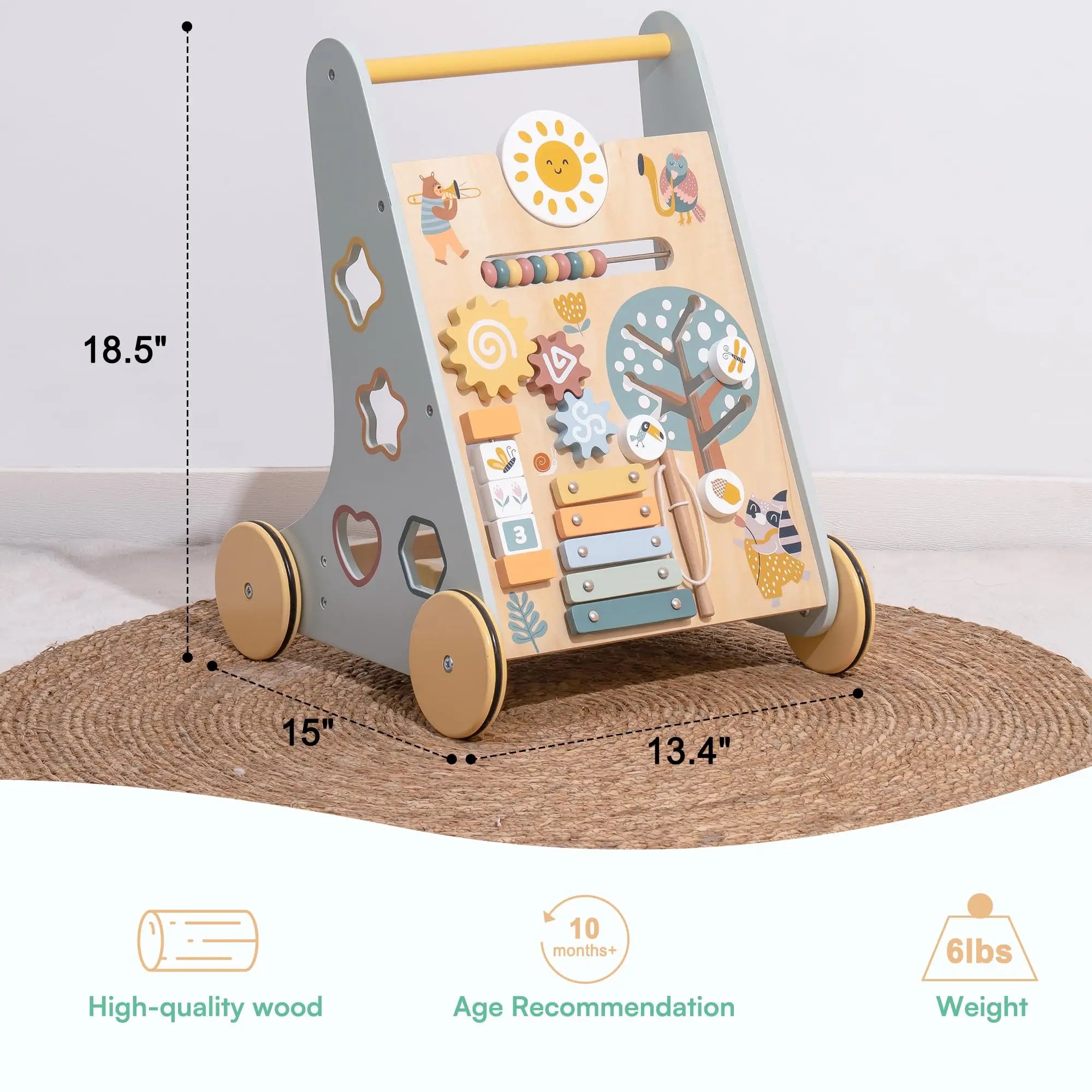 I YAN ROBOTIME ROBUD wooden baby walker with activity center, storage, and Montessori design for boys and girls.