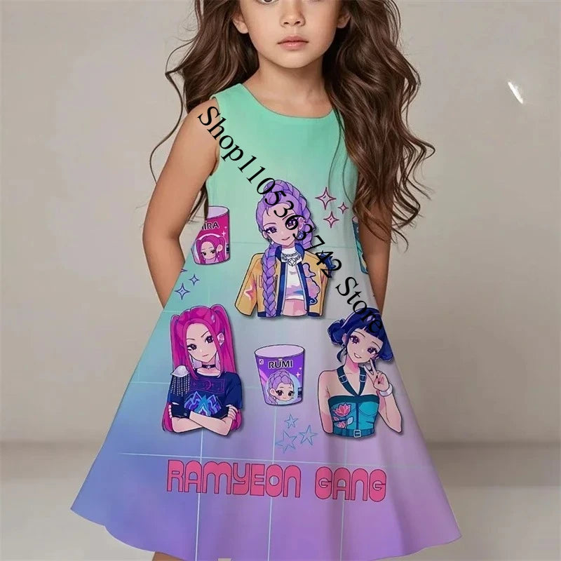 Girls Kpop Demon Hunters Dress 2026 Summer Kids Fashion Casual Sleepwear Beach Sundress