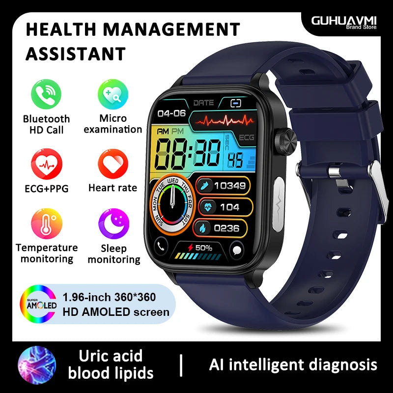 2026 New Blood lipids Uric Acid testing Smart Watch Men ECG+PPG Blood Pressure blood oxygen Bluetooth Call Health smartwatch iOS