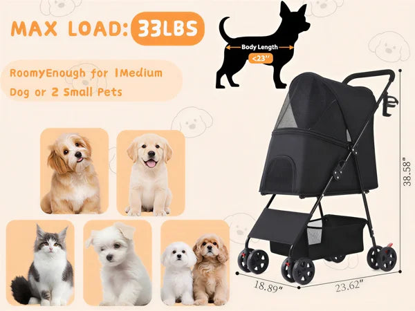 Lightweight I YAN pet stroller for small dogs and cats with foldable design, 4 wheels, and a storage basket for travel and daily walks.