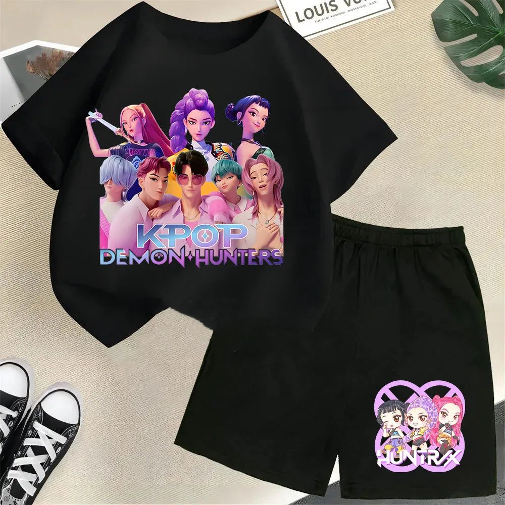 KPop Demon Hunters Saja Boys Kids T-Shirt – Cartoon Print Round Neck Casual Top (2pcs Set) - I YAN