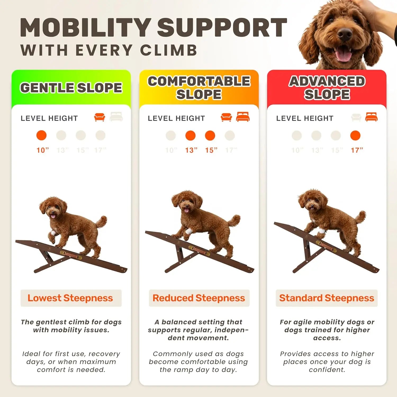 Adjustable Dog Ramp for Furniture and Beds - 34' L x 14' W Dog Bed Ramps for Medium Dogs with 4 Incline Levels & Non-Slip Tracti