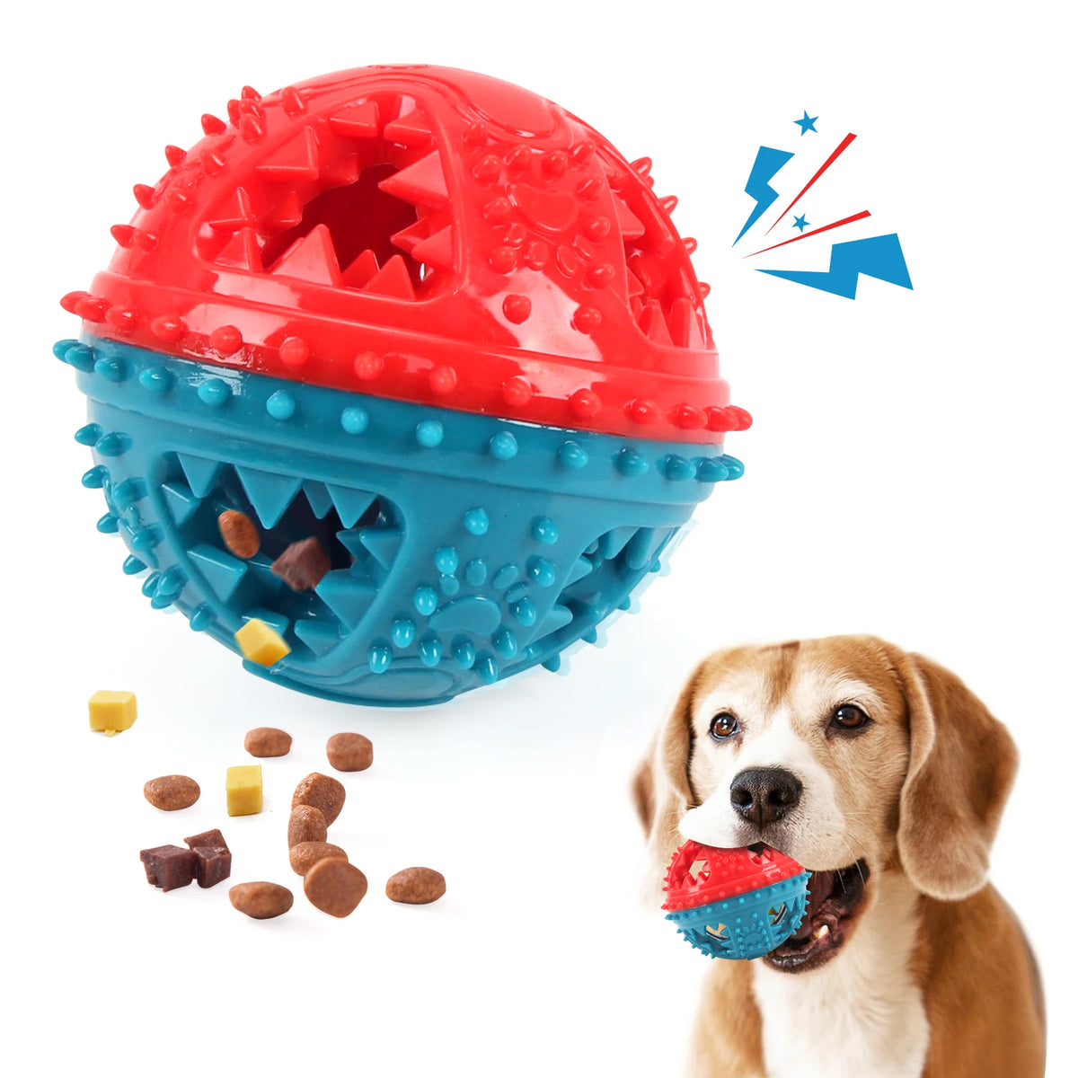 I YAN dog chew toy with leaking food ball, grinding teeth, making sound, and interactive design for pet training and dental cleaning.