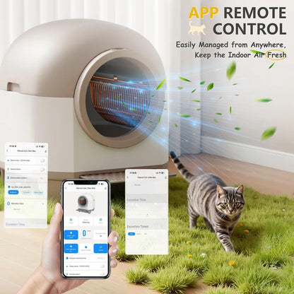 Self-cleaning 90L cat litter box by I YAN with app control, multi-cat safety, and modern design for easy maintenance.