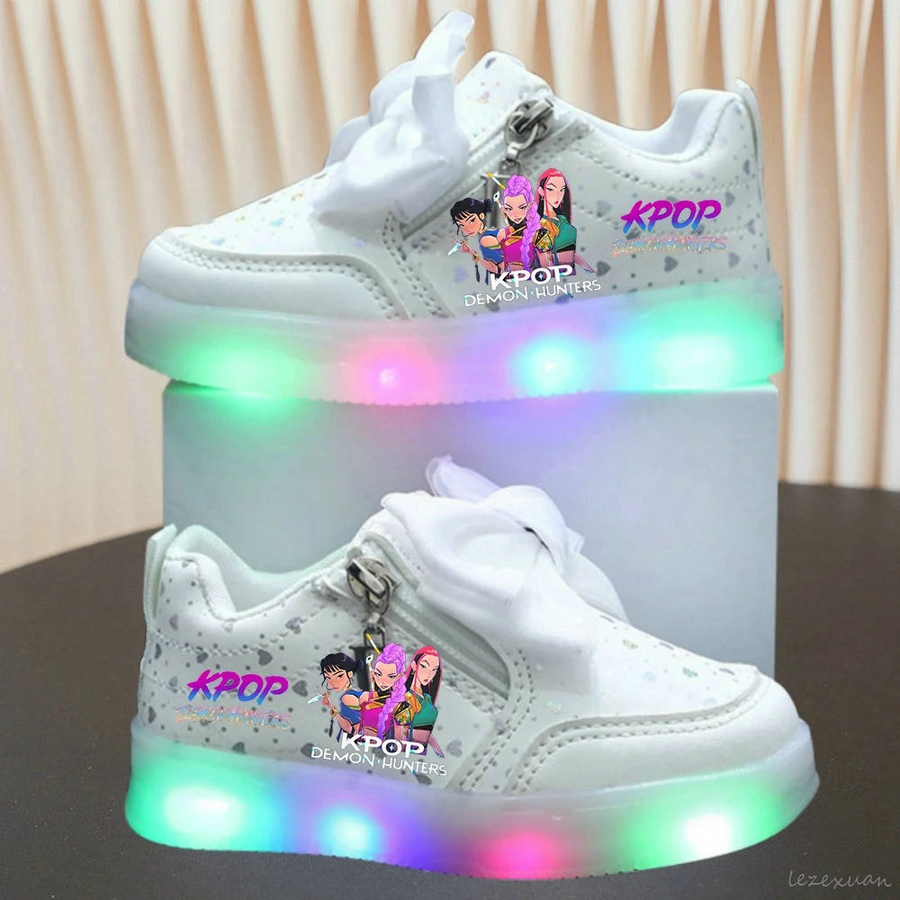 LED Casual Sneakers For Spring Girls KPop Demon Hunters Printed Mesh Breathable Shoes Children Lighted Non-slip Pink Purple
