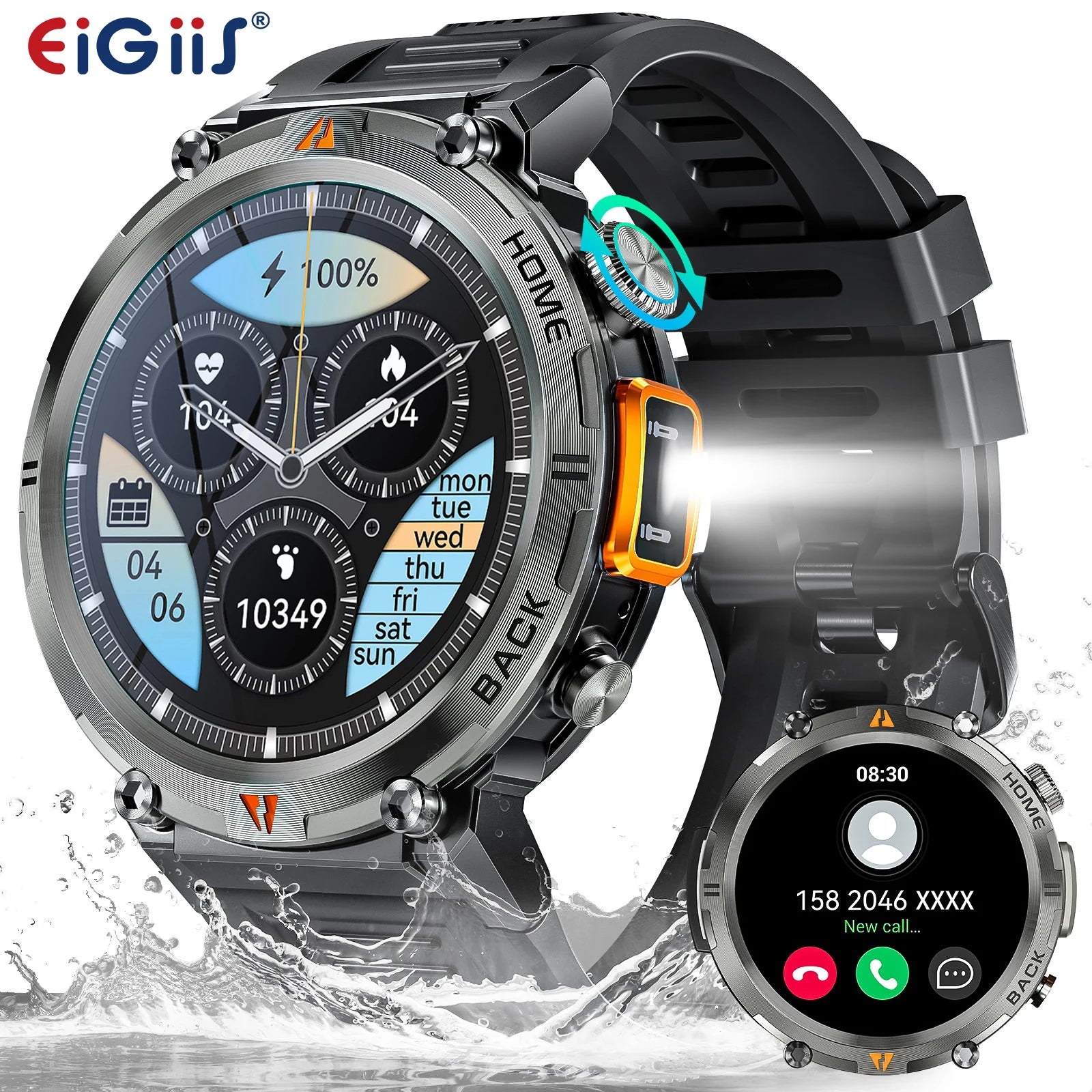 Bluetooth Call smartwatch for men Full Touch Screen With Health Monitor heart rate Flashlight Smart watch