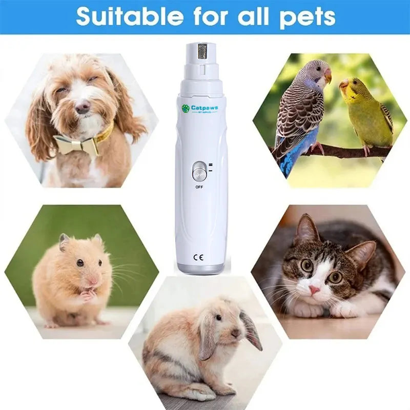 I YAN quiet electric pet nail grinder with USB rechargeability, showing the compact claw trimmer for dogs and cats.