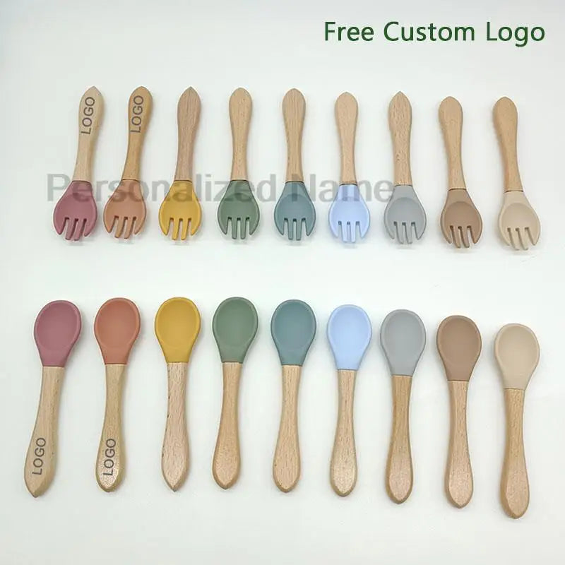 Baby Silicone Spoon & Fork Set – Soft BPA-Free Feeding Utensils with Wooden Handle - I YAN