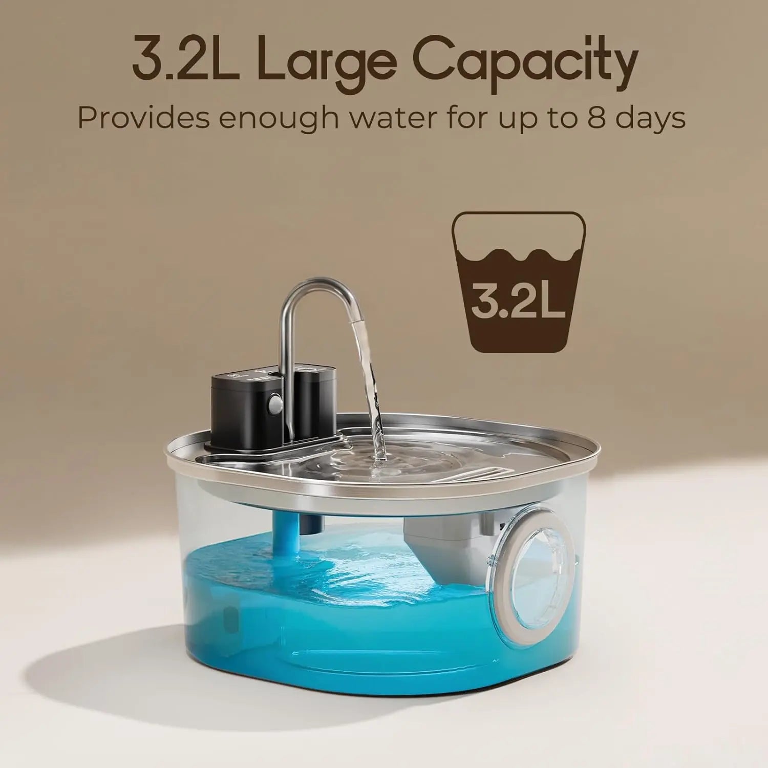 3.2L Automatic Cat Water Feeder with Motion Sensor Wireless Stainless Steel Pet Water Fountain Dog Water Bowl（No 5V 1A Plug）