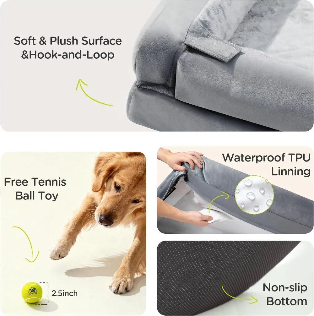 Large grey orthopedic dog bed with memory foam, bolster sides, washable cover, non-slip bottom, 42x30 inches for extra large dogs
