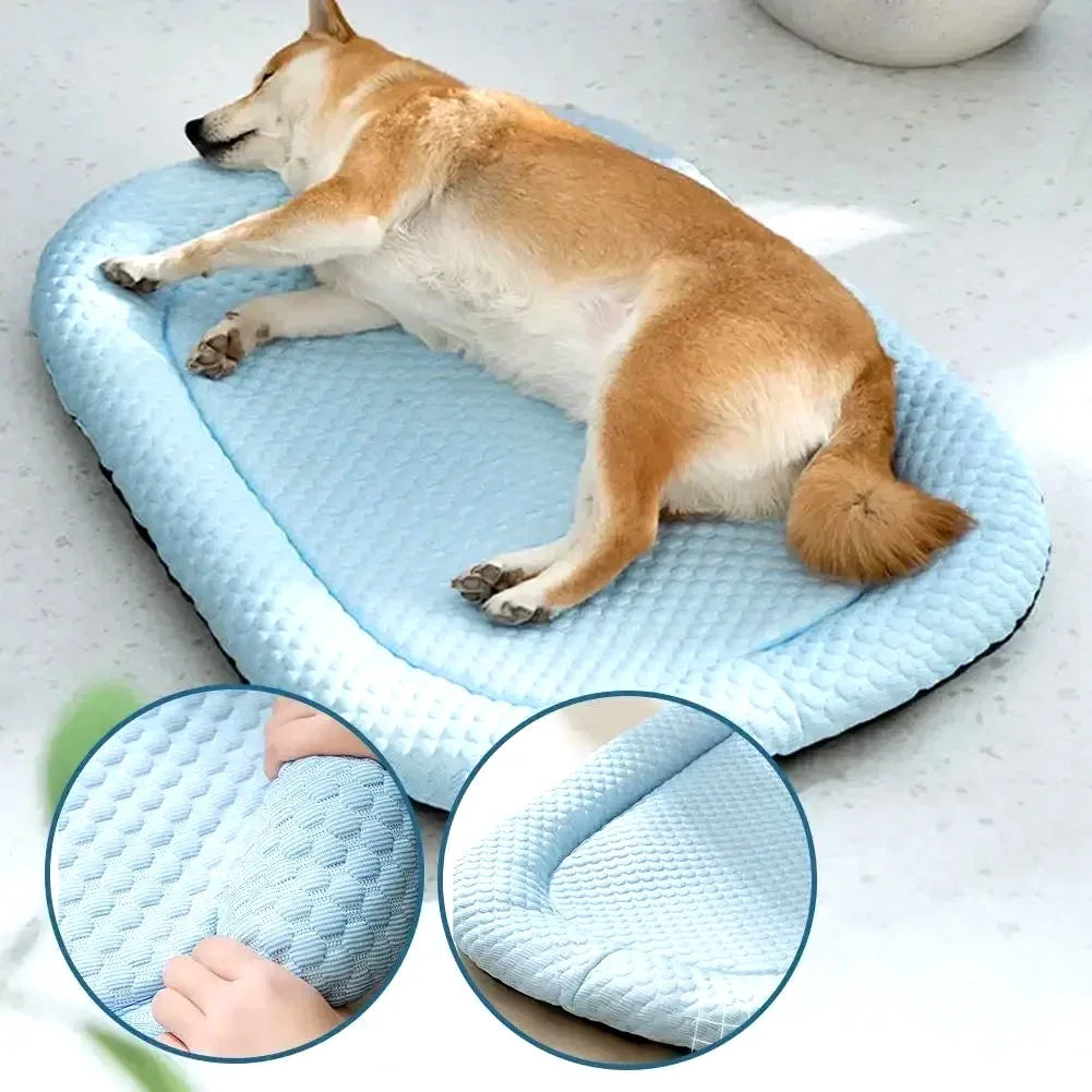 I YAN Ice Silk Cooling Dog Bed with breathable fabric, suitable for small, medium, and large dogs and cats during summer.