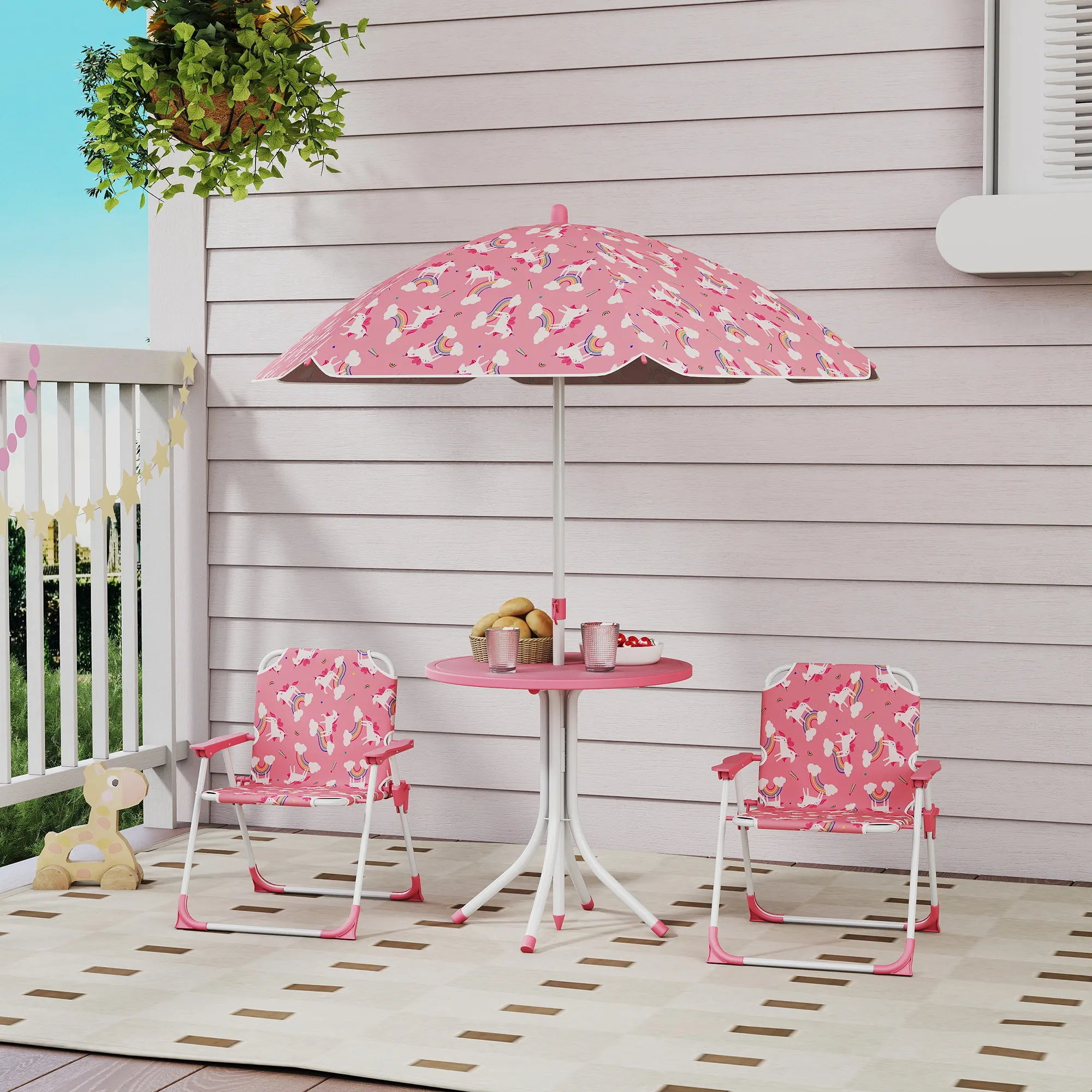 Pink kids picnic table and chair set with two folding chairs and umbrella, ideal for backyard, garden, or patio play.