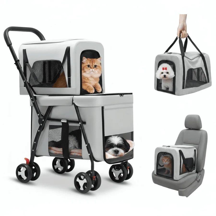 I YAN dual 4-in-1 pet stroller with foldable design, four wheels, suitable for medium dogs and cats up to 50lbs, brown color