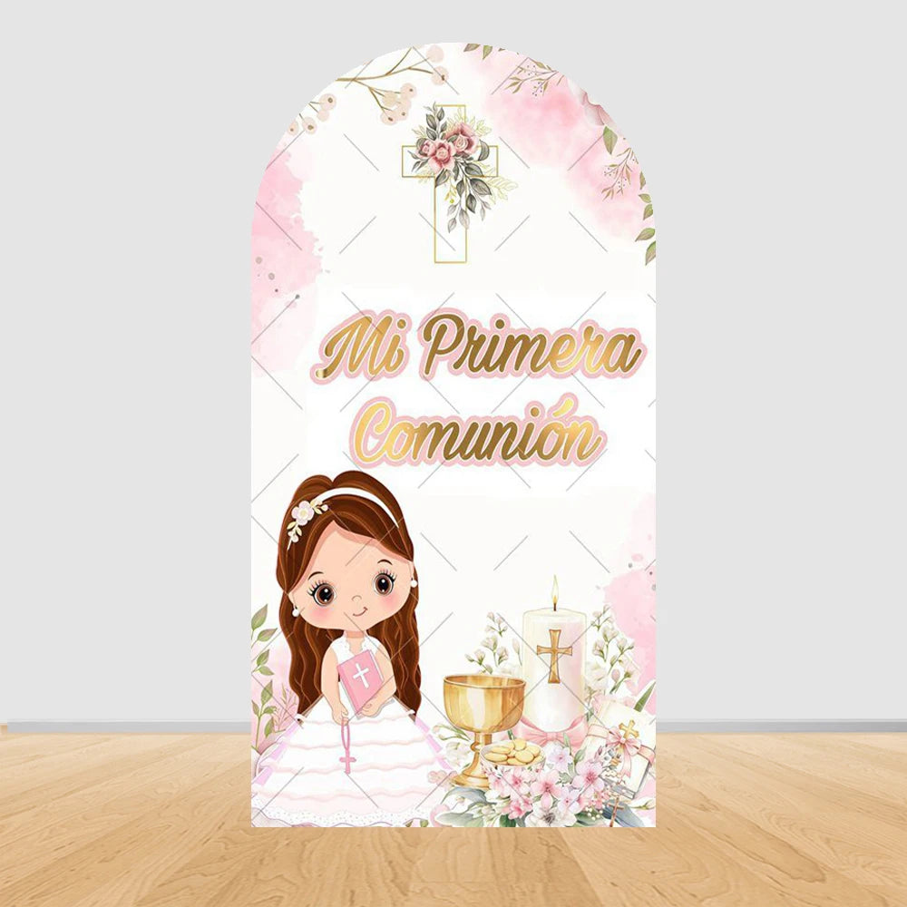 First Holy Communion Arch Backdrop Cover Boys Girls Christening God Bless Cross Green Leaves Decor Backgrounds for Photographs