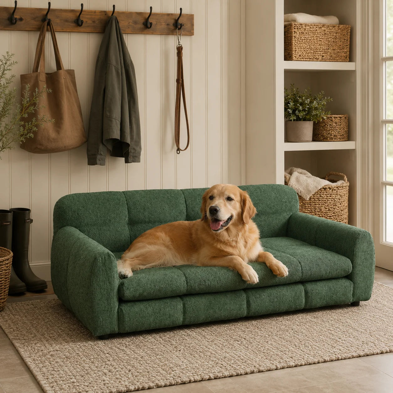 Olive Green Oversized Dog Sofa Bed for Large and Extra Large Dogs, Upholstered Linen Pet Couch with Supportive Armrests and Backrest, Low Stable Legs, Comfortable Elevated Furniture-Style Bed for Living Room, Bedroom and Indo