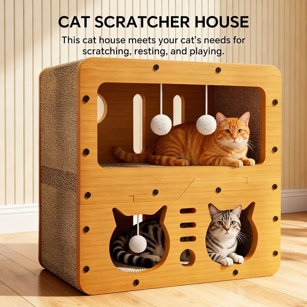 Durable two-story I YAN cat house with bed, scratch board, and ball toys, made of shed-free cardboard for indoor feline comfort.