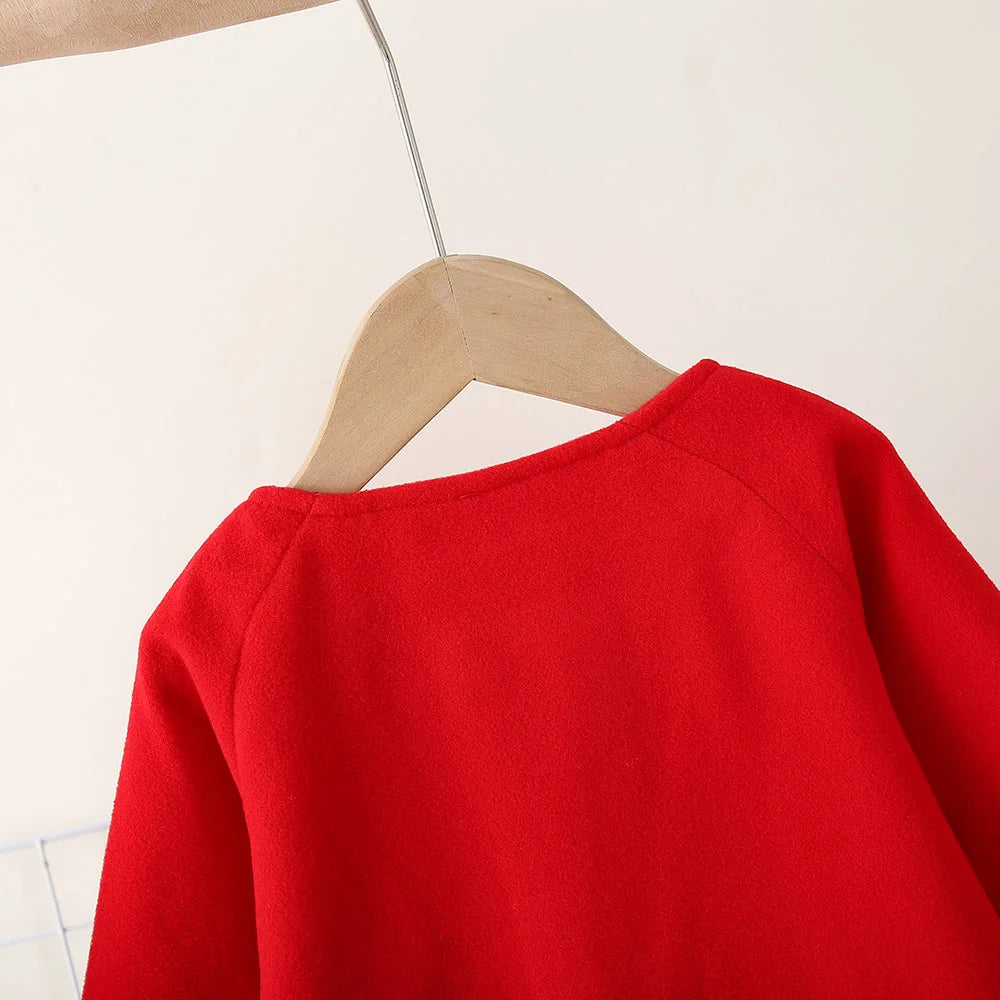 Children's New Girls' Round Neck Raglan Sleeve Woolen Coat Children's Autumn and Winter Westernized Solid Color Woolen Top